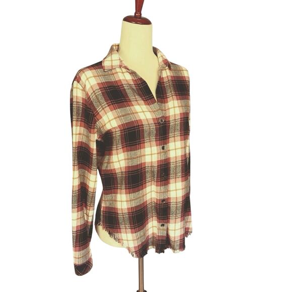 Anthropologie Cloth & Stone Plaid Button Down Flannel Shirt Raw Fringe Hem Small - Picture 4 of 9